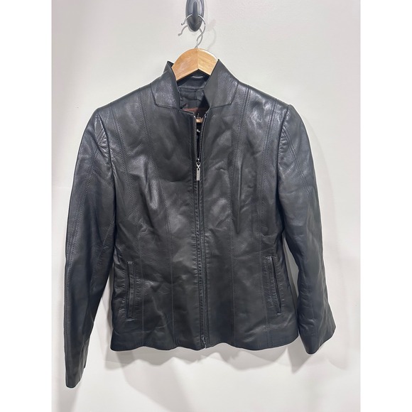 Cole Haan Black Lambskin Leather Jacket Women's Size 6 | Vintage Moto Zip Front - Picture 1 of 7